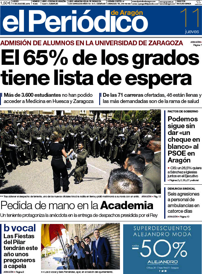 Portada del diario El Periódico de Aragón del día 11 07 2019 News Europa