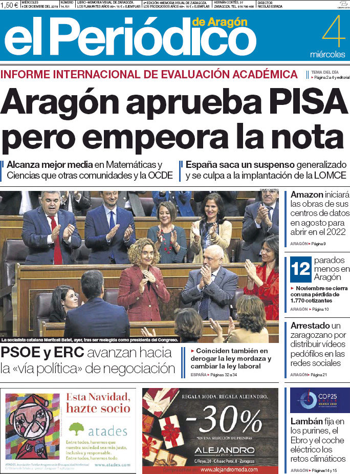 Portada del diario El Periódico de Aragón del día 4 12 2019 News Europa