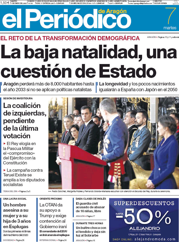 Portada del diario El Periódico de Aragón del día 7/01/2020 News Europa