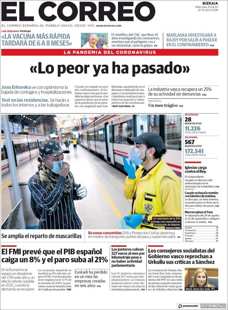 Portada Del Diario EL CORREO Del Día 15/04/2020 – News Europa