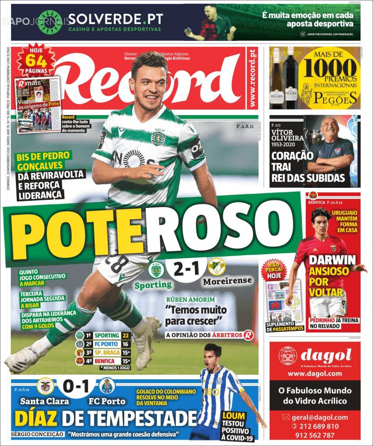 Portada del diario deportivo RECORD del día 29/11/2020 News Europa