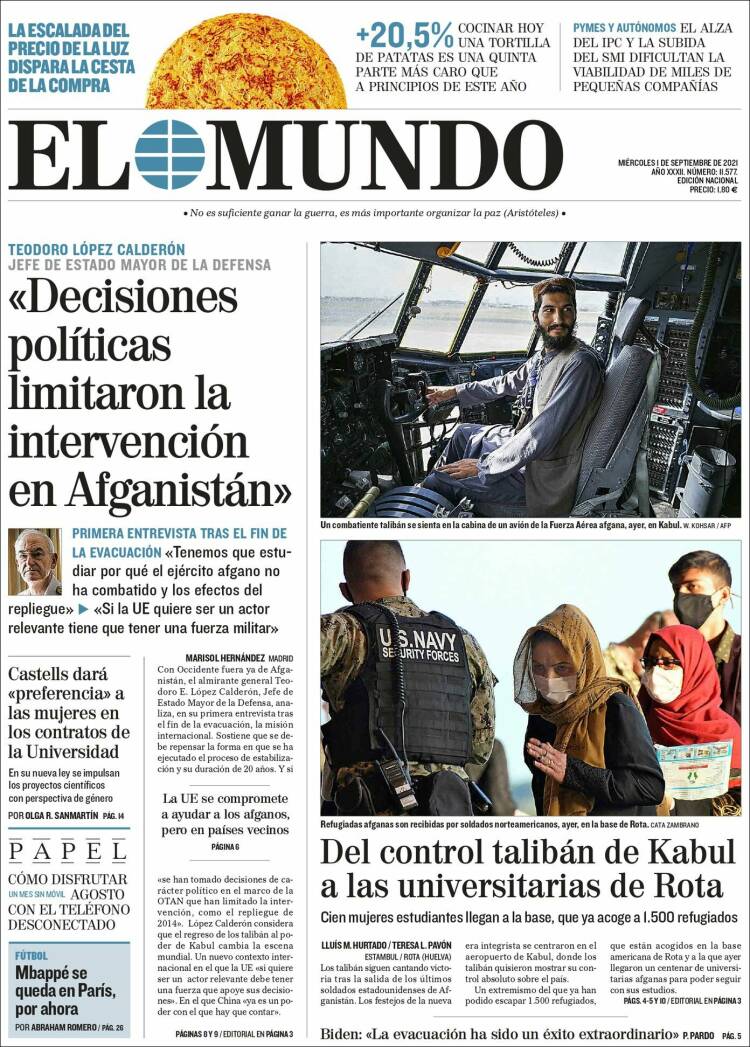 Portada del diario EL MUNDO del día 1 09 2021 News Europa