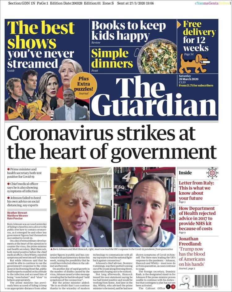 Portada del diario THE GUARDIAN del día 28/03/2020 News Europa