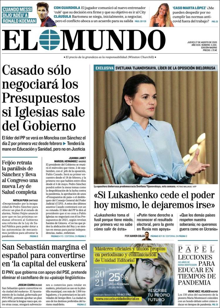 Portada Del Diario El Mundo Del Día 28082020 News Europa 4303