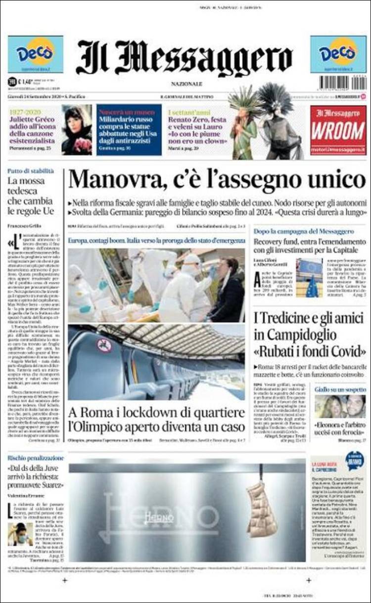 Portada Del Diario IL MESSAGGERO Del Día 24/09/2020 – News Europa