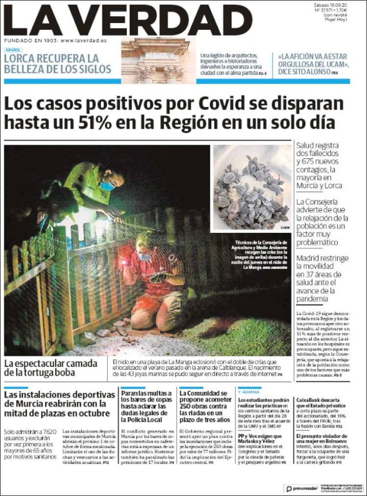 Portada del diario LA VERDAD DE MURCIA del día 19/09/2020 ...