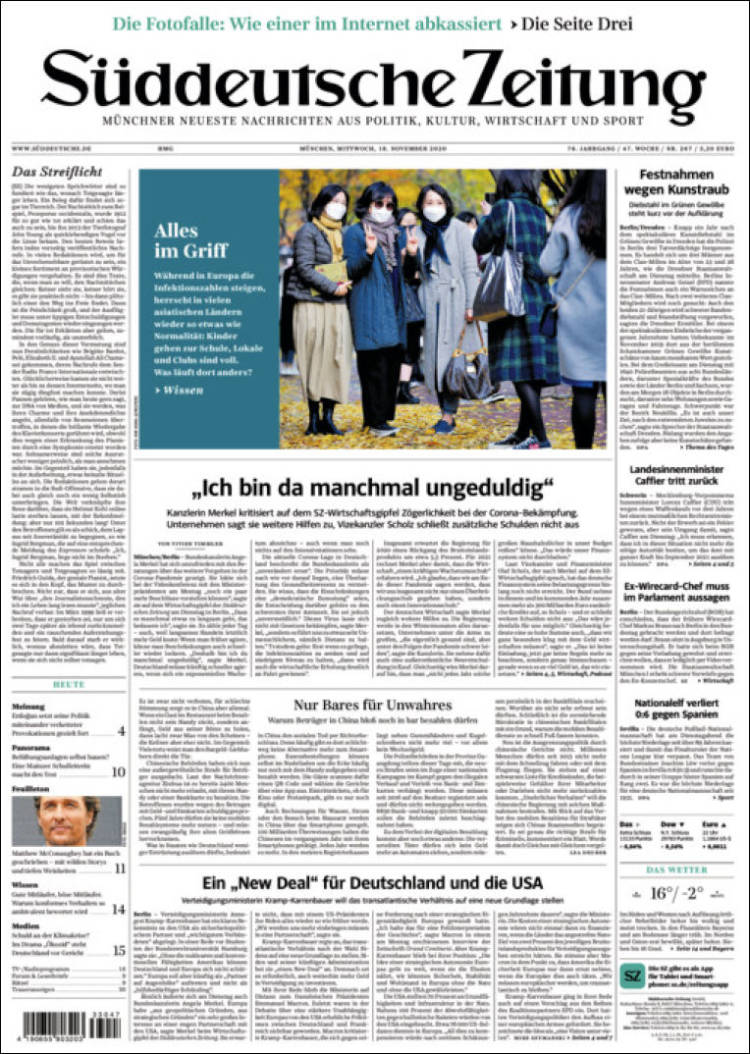 Portada del diario SÜDDEUTSCHE ZEITUNG del día 18/11/2020 – News Europa