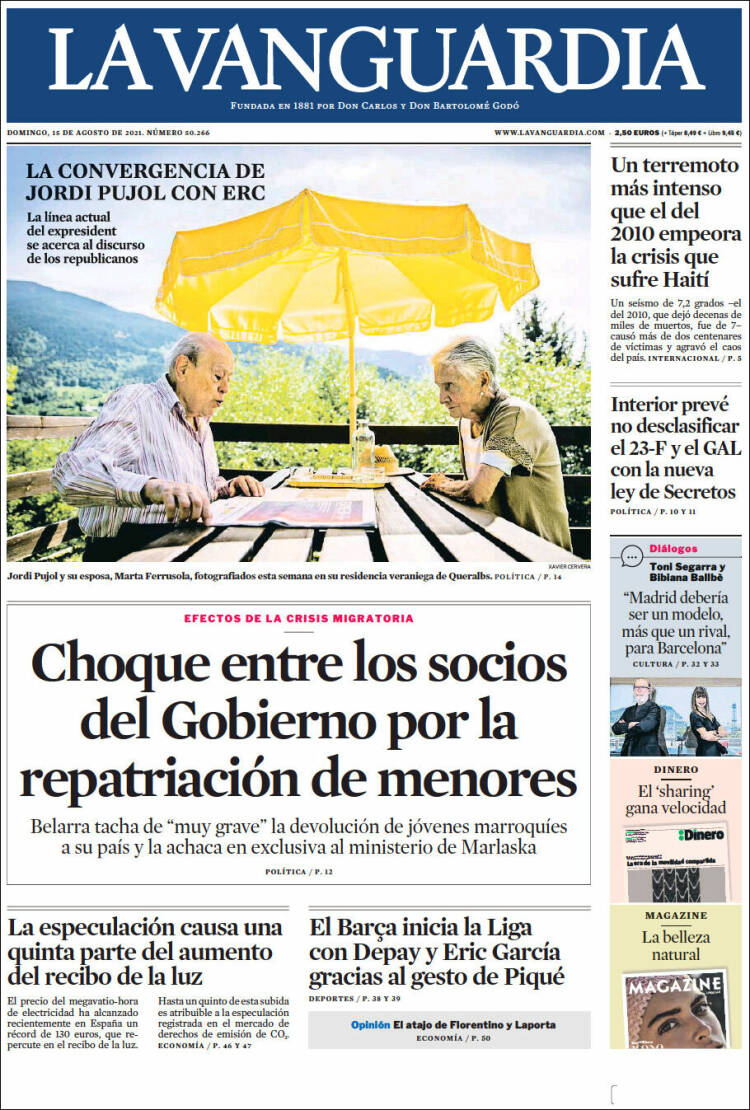 Portada del diario LA VANGUARDIA del día 15/08/2021 - News ...