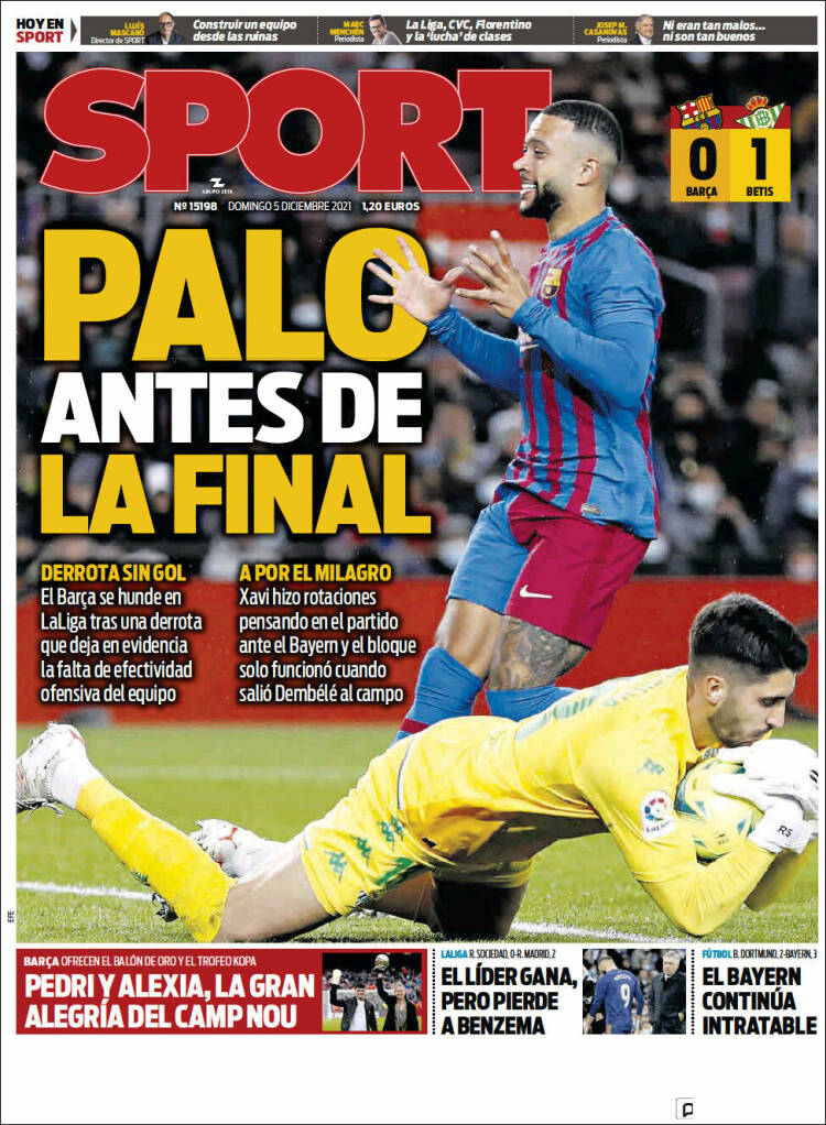 Portada del diario deportivo SPORT del día 5/12/2021 – News Europa