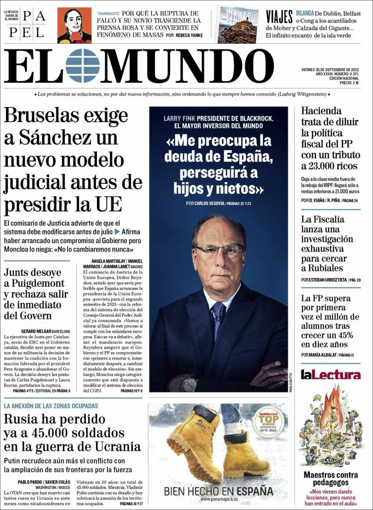 Portada Del Diario El Mundo Del Día 30092022 News Europa 0282