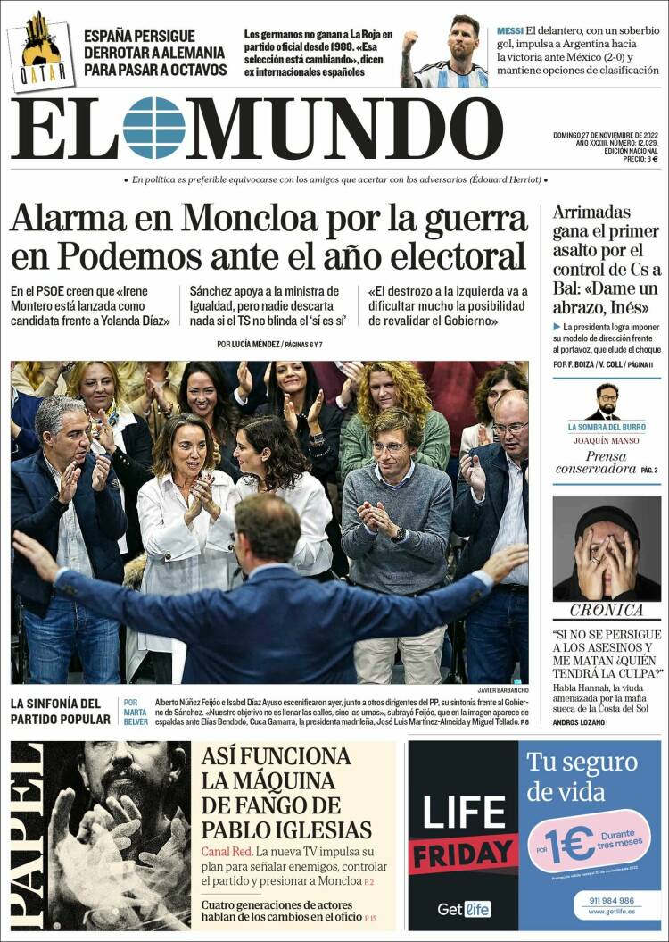 Portada Del Diario El Mundo Del Día 27112022 News Europa 0144