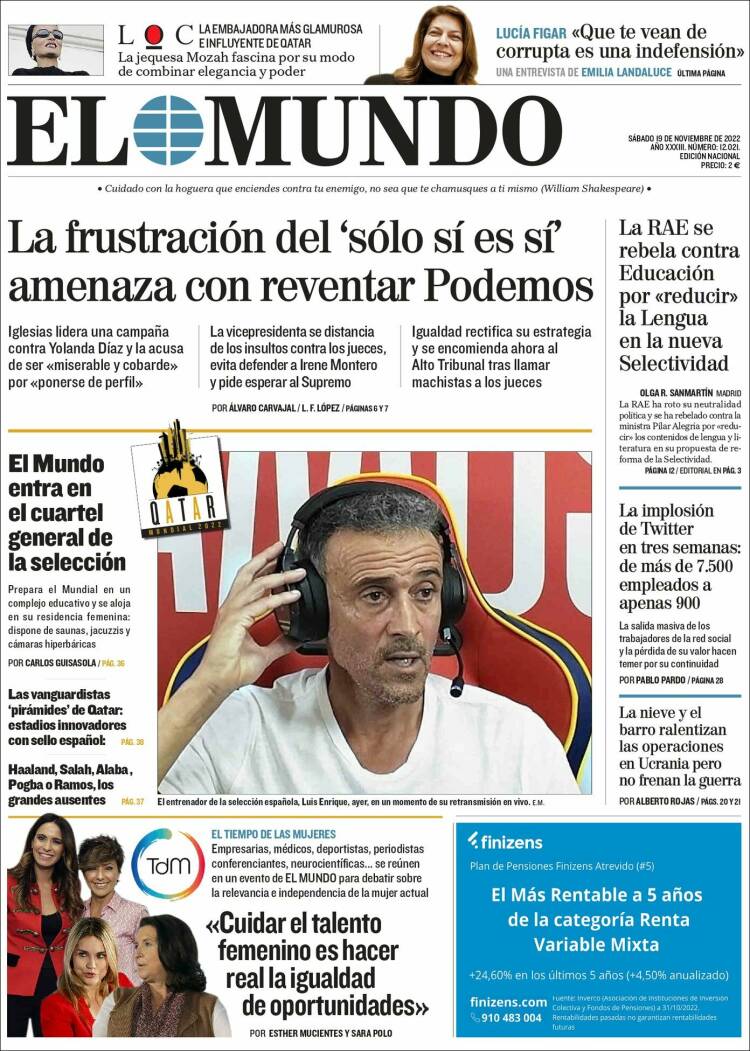 Portada Del Diario El Mundo Del Día 19112022 News Europa 9429