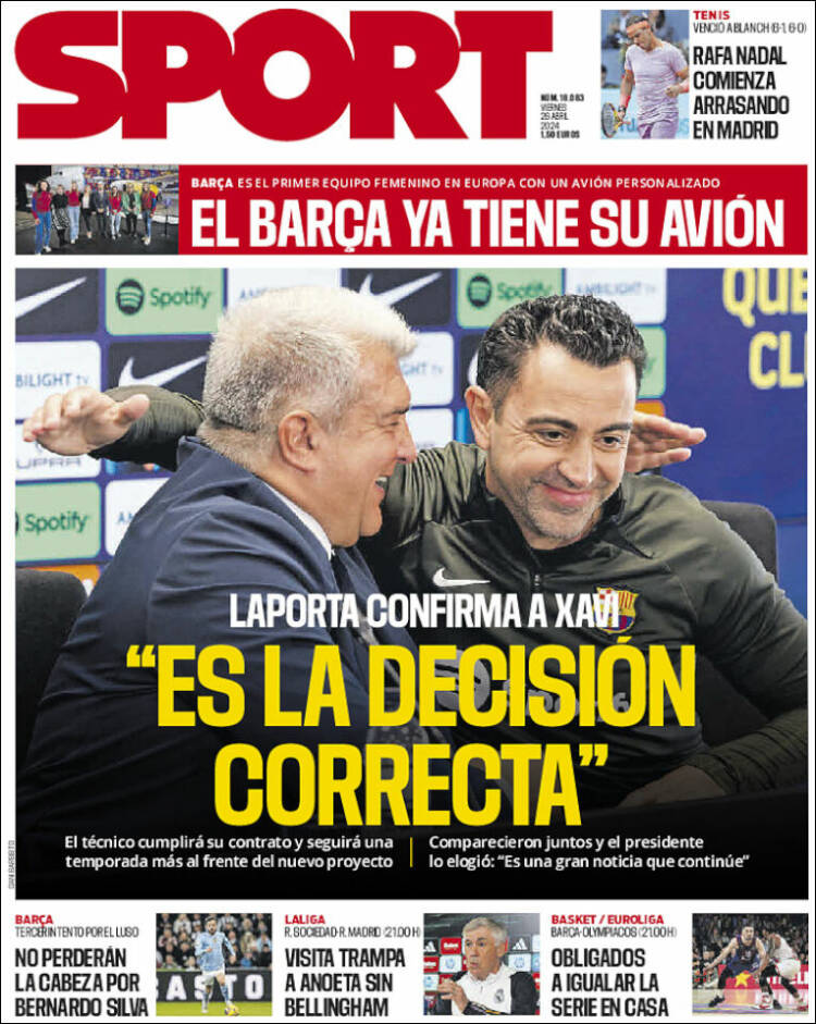 Portada del diario deportivo SPORT del día 26/04/2024 – News Europa